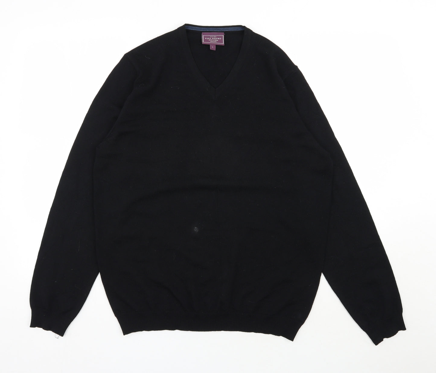 John Lewis Mens Black V-Neck  Wool Pullover Jumper Size L