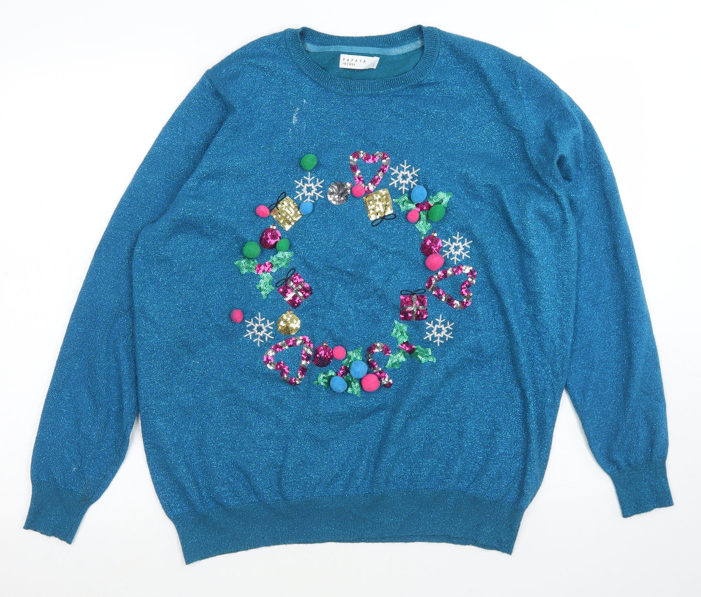 Papaya Womens Blue Crew Neck  Viscose Pullover Jumper Size L   - Christmas Jumper