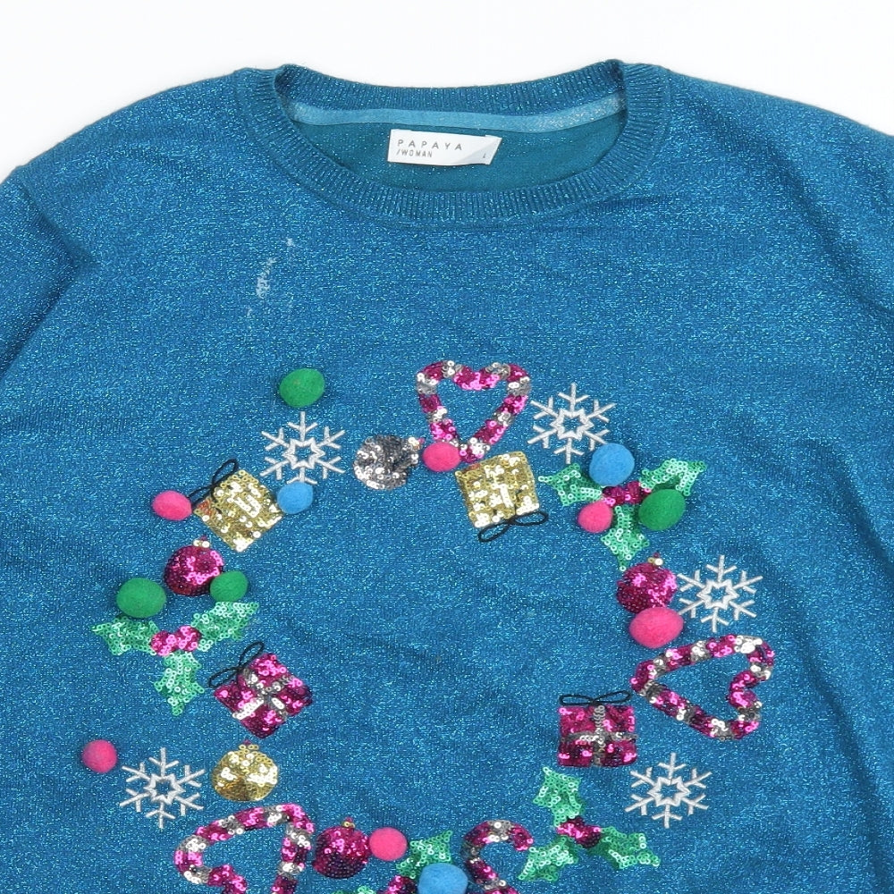 Papaya Womens Blue Crew Neck  Viscose Pullover Jumper Size L   - Christmas Jumper