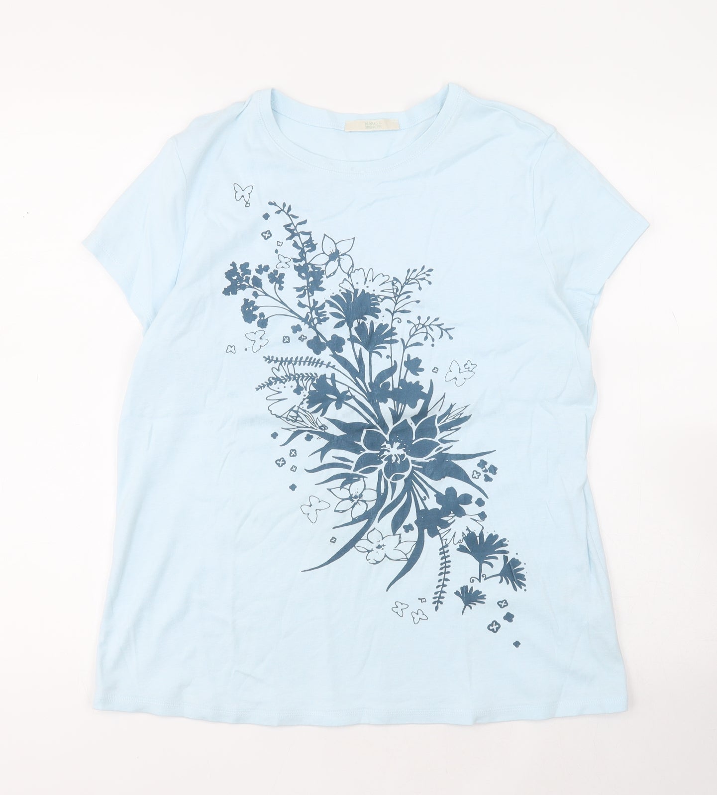 Marks and Spencer Womens Blue  100% Cotton Basic T-Shirt Size 20 Round Neck - Flower