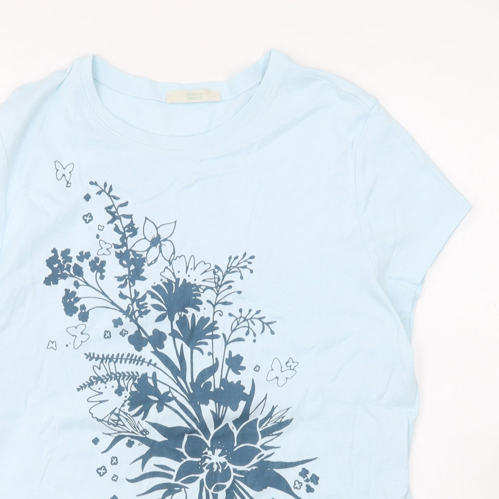 Marks and Spencer Womens Blue  100% Cotton Basic T-Shirt Size 20 Round Neck - Flower