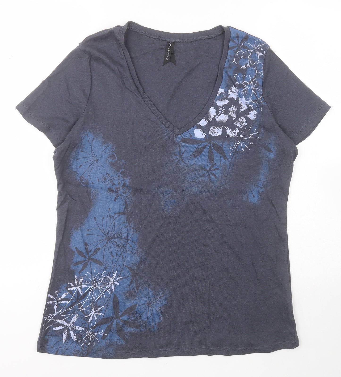 Marks and Spencer Womens Blue Floral 100% Cotton Basic Polo Size 20 V-Neck