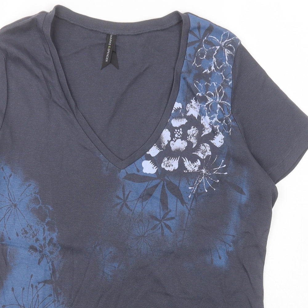 Marks and Spencer Womens Blue Floral 100% Cotton Basic Polo Size 20 V-Neck
