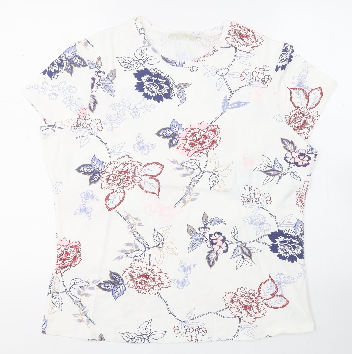 Marks and Spencer Womens White Floral Cotton Basic T-Shirt Size 20 Round Neck