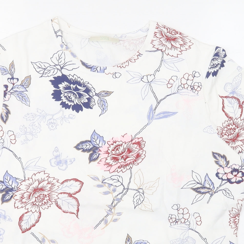 Marks and Spencer Womens White Floral Cotton Basic T-Shirt Size 20 Round Neck