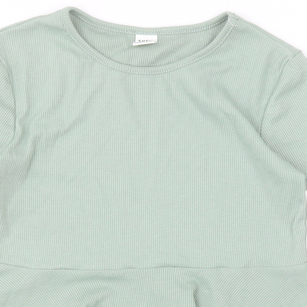 SheIn Girls Green  Elastane Basic T-Shirt Size 10 Years Round Neck Pullover - Ribbed Peplum