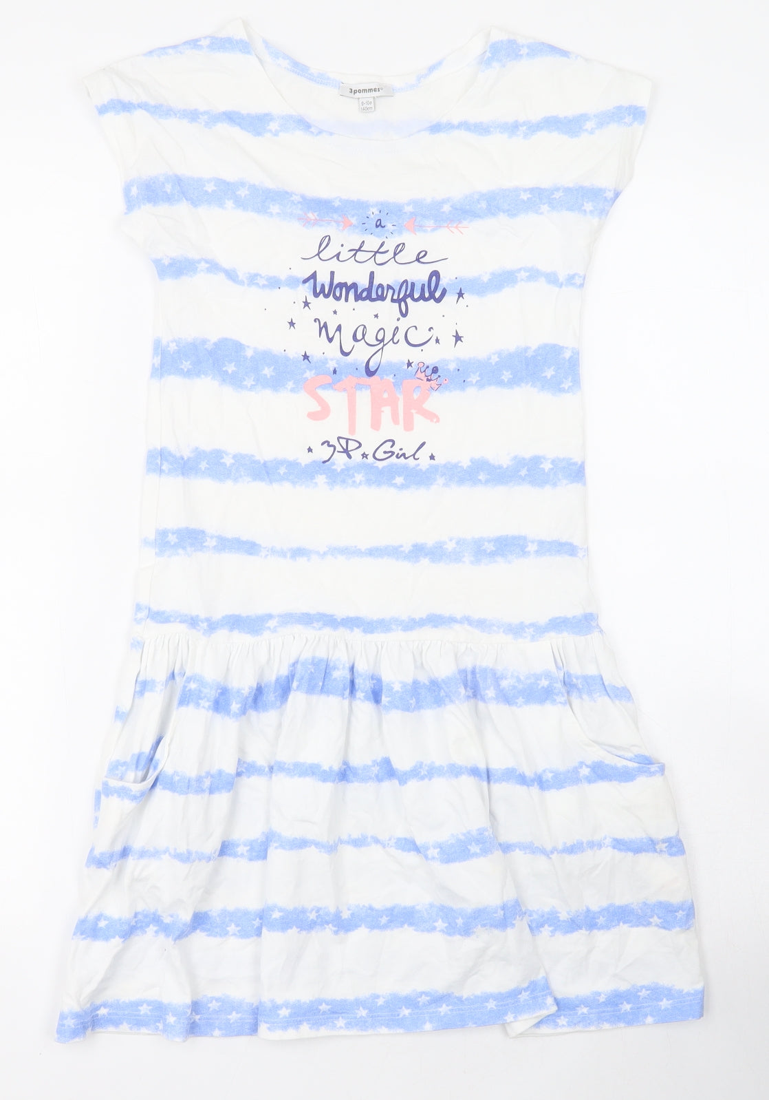 3pommes Girls White Striped 100% Cotton T-Shirt Dress  Size 9-10 Years  Round Neck Pullover - Star