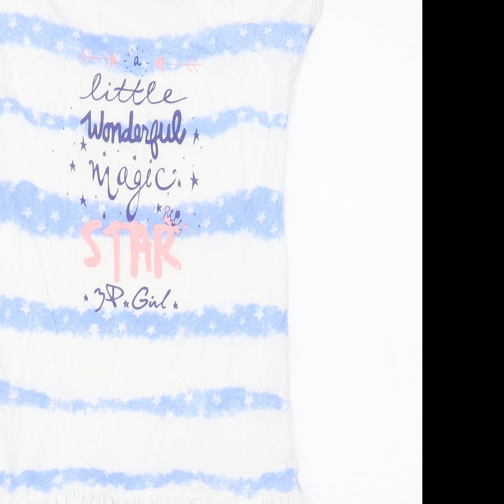 3pommes Girls White Striped 100% Cotton T-Shirt Dress  Size 9-10 Years  Round Neck Pullover - Star