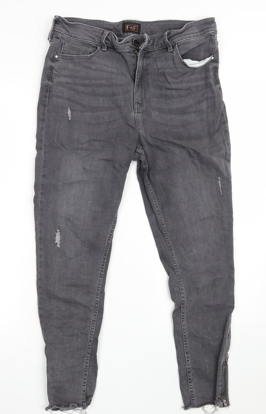 F&F Womens Grey  Cotton Skinny Jeans Size 12 L25 in Regular Zip