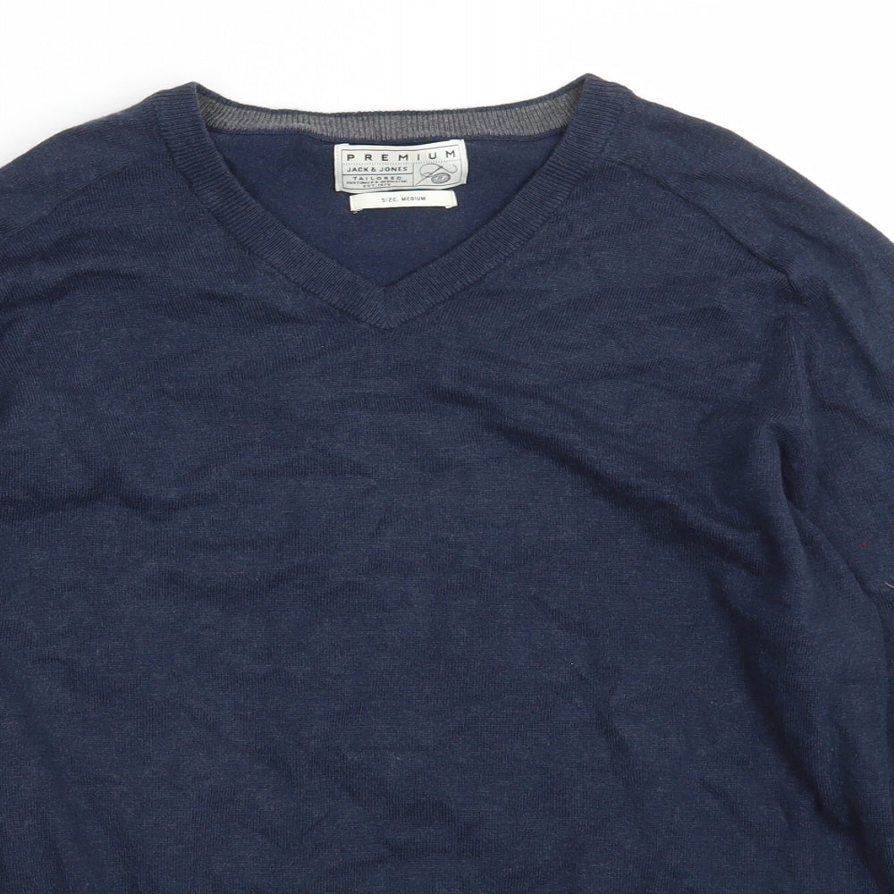 JACK & JONES Mens Blue V-Neck  Acrylic Pullover Jumper Size M   - Tailored Fit