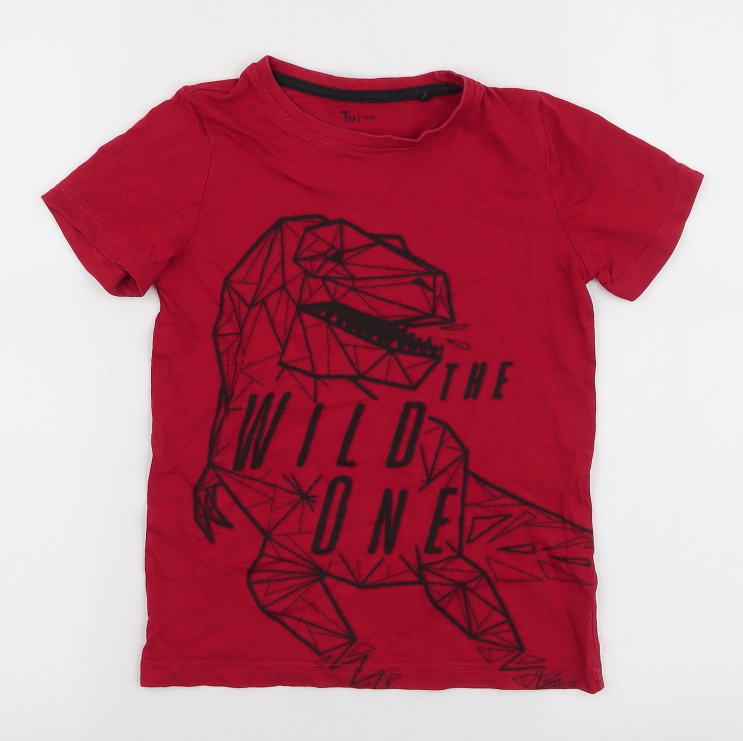 TU Boys Red  100% Cotton Jersey T-Shirt Size 7 Years Round Neck Pullover - Dinosaur
