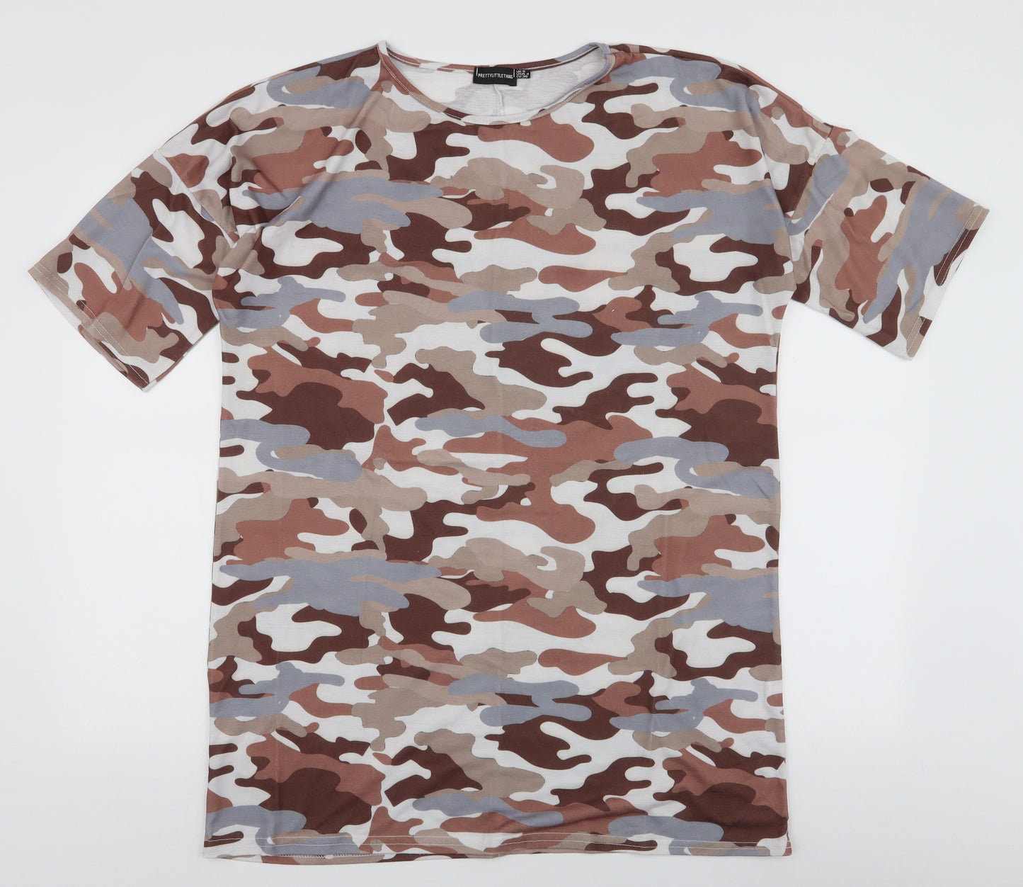 PRETTYLITTLETHING Womens Multicoloured Camouflage Polyester T-Shirt Dress  Size 8  Round Neck Pullover