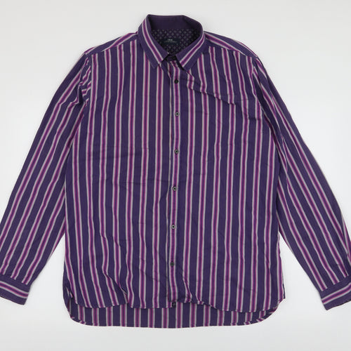 NEXT Mens Purple Striped Cotton  Button-Up Size L Collared Button