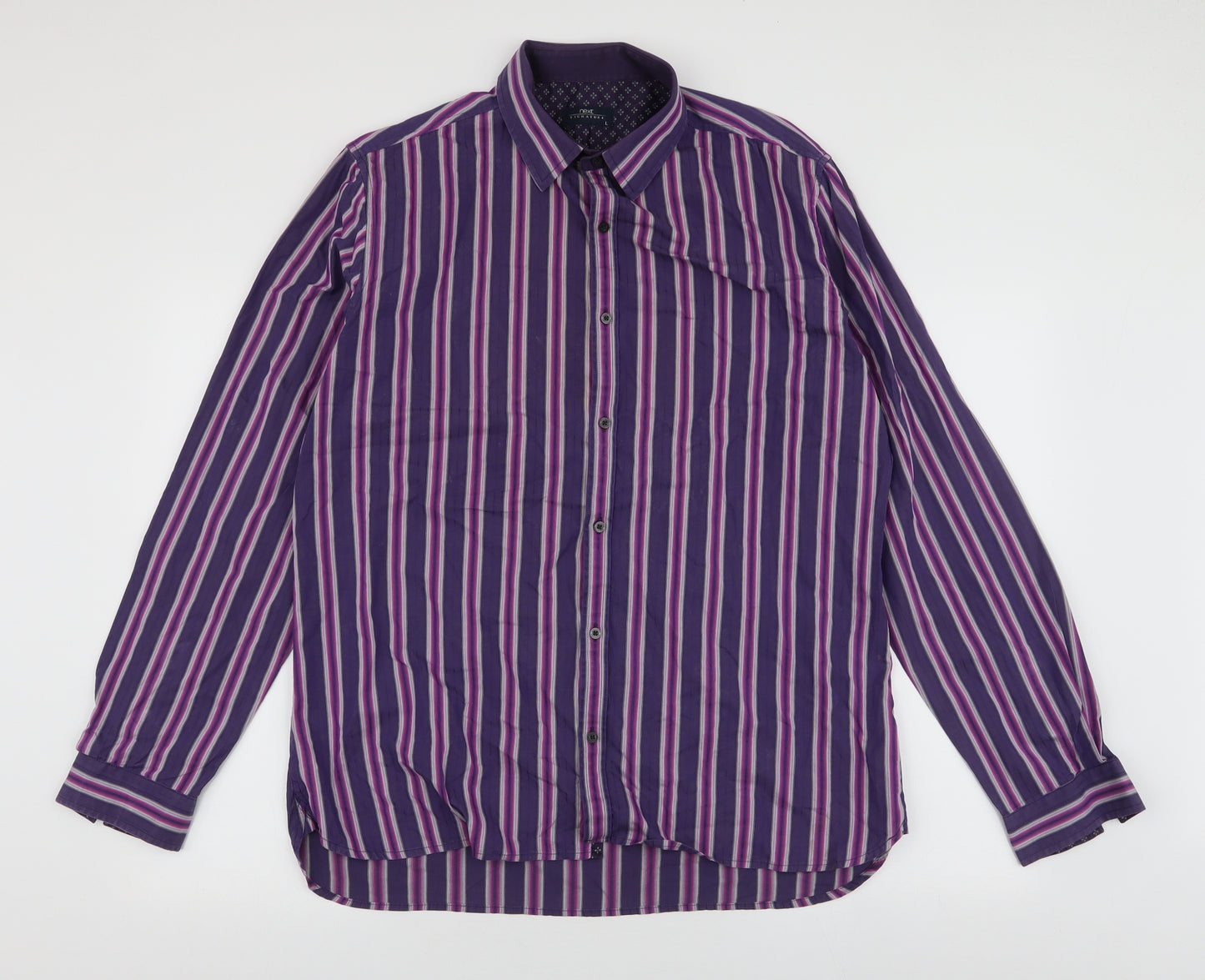 NEXT Mens Purple Striped Cotton  Button-Up Size L Collared Button