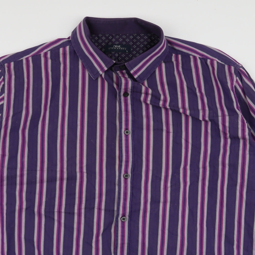 NEXT Mens Purple Striped Cotton  Button-Up Size L Collared Button