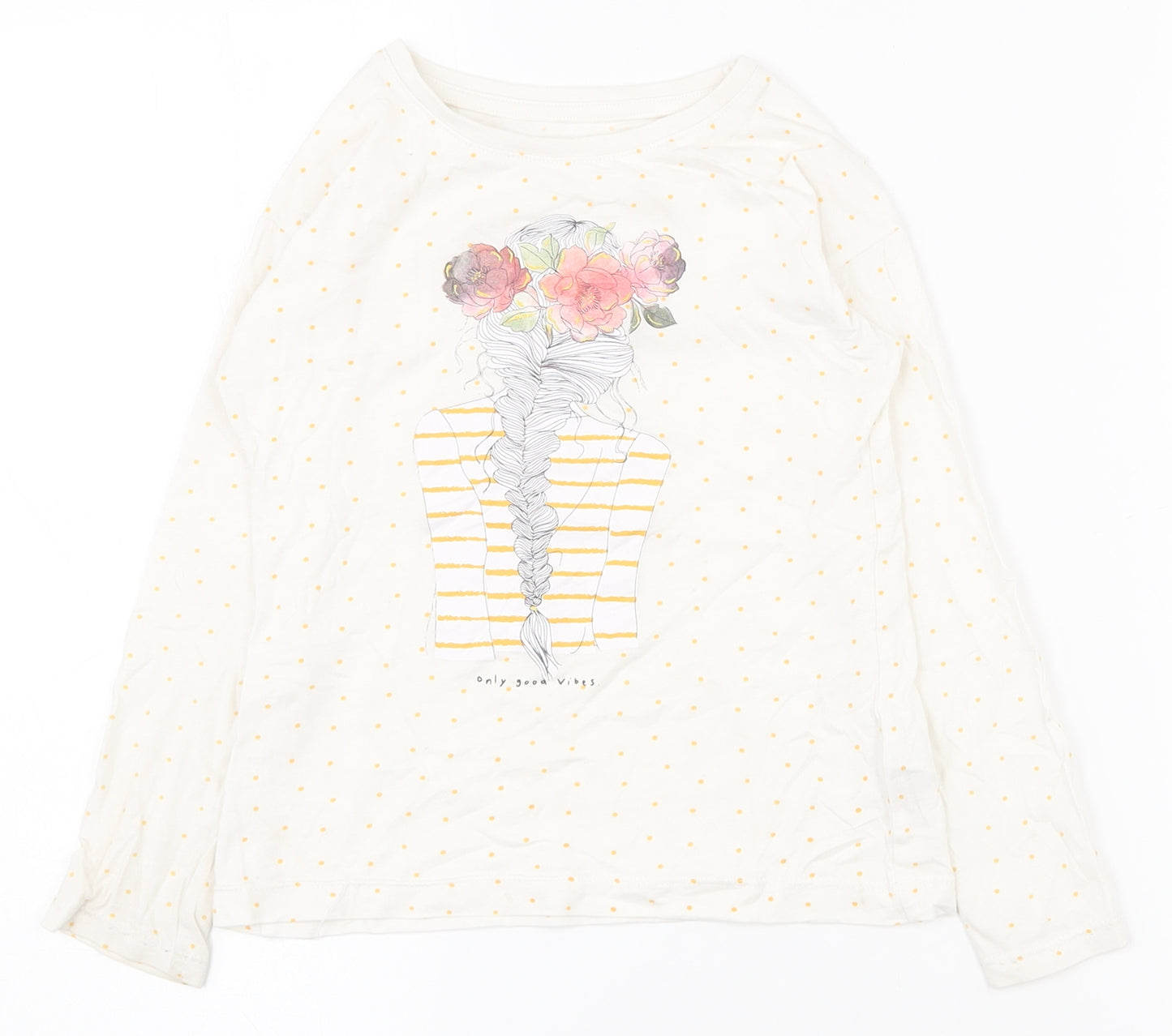 Dunnes Stores Girls White Spotted 100% Cotton Pullover T-Shirt Size 5 Years Round Neck Pullover
