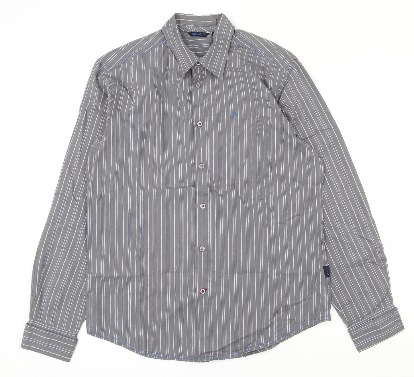 Sonneti Mens Grey Striped 100% Cotton  Dress Shirt Size L Collared Button