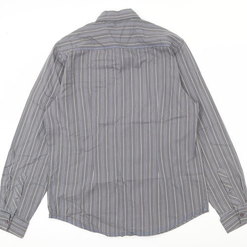 Sonneti Mens Grey Striped 100% Cotton  Dress Shirt Size L Collared Button