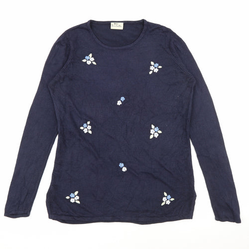Isabelle Womens Blue Round Neck  Acrylic Pullover Jumper Size S   - Floral Embroidery