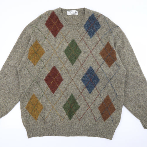 St Michael Mens Brown Crew Neck Argyle/Diamond Wool Pullover Jumper Size XL