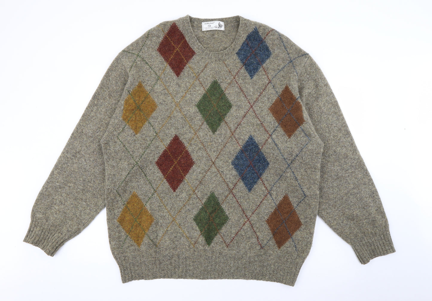 St Michael Mens Brown Crew Neck Argyle/Diamond Wool Pullover Jumper Size XL