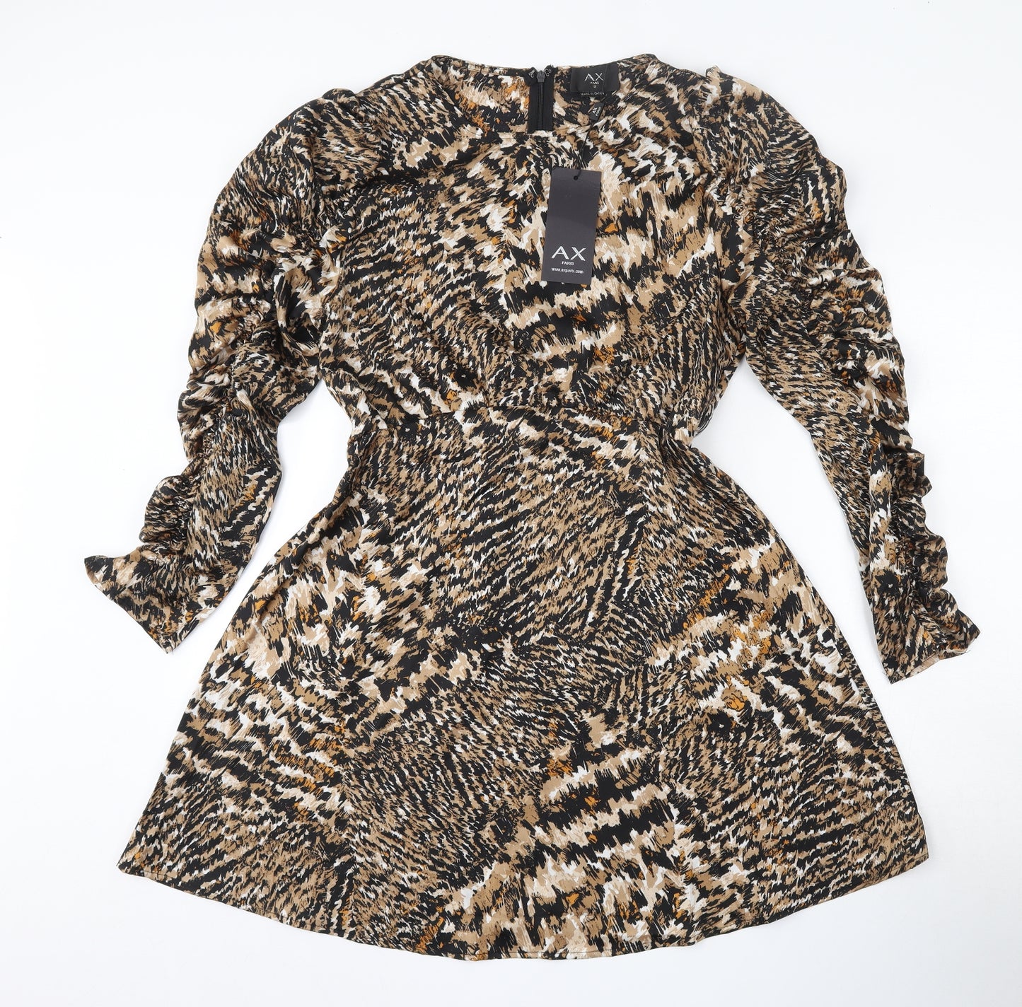 AX Paris Womens Brown Animal Print Polyester Skater Dress  Size 12  Round Neck Zip