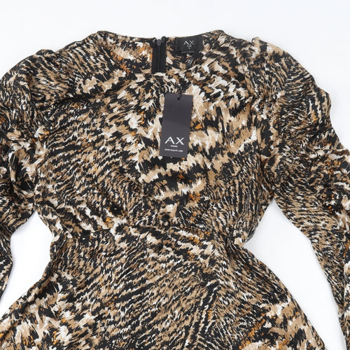 AX Paris Womens Brown Animal Print Polyester Skater Dress  Size 12  Round Neck Zip