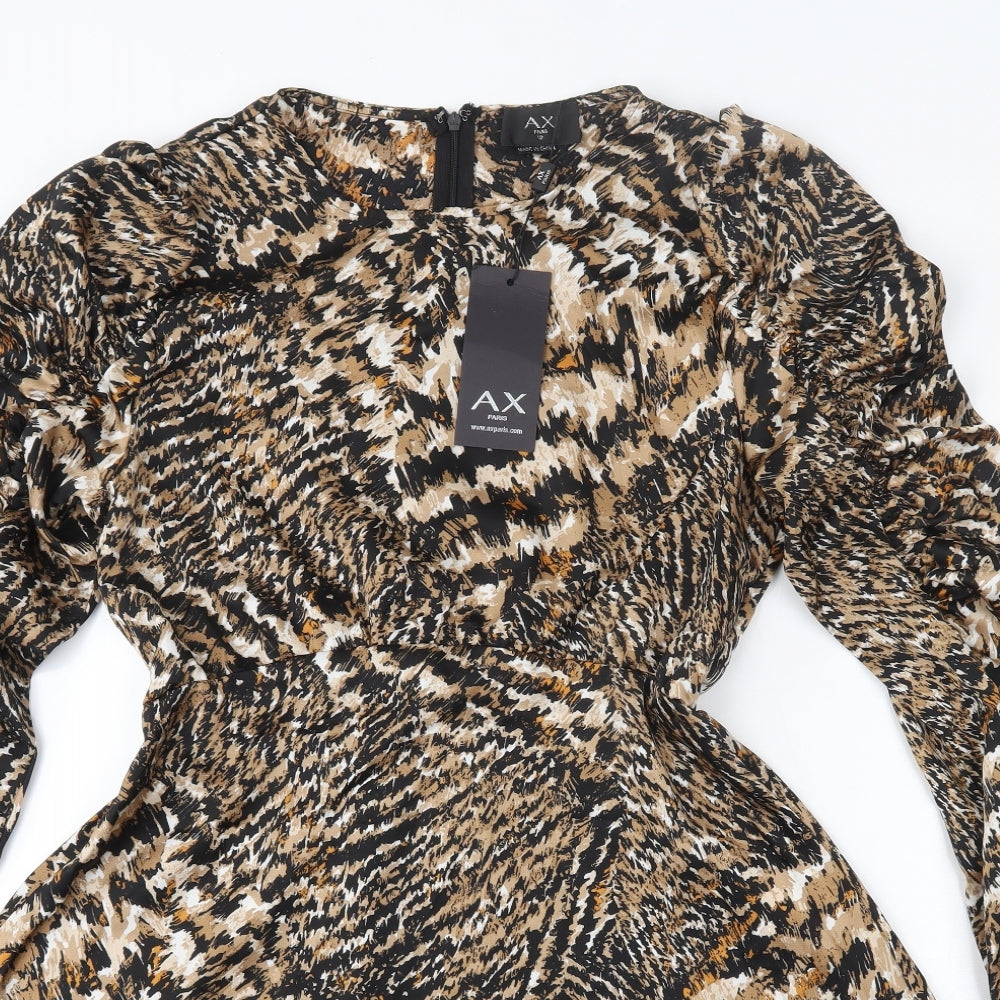 AX Paris Womens Brown Animal Print Polyester Skater Dress  Size 12  Round Neck Zip