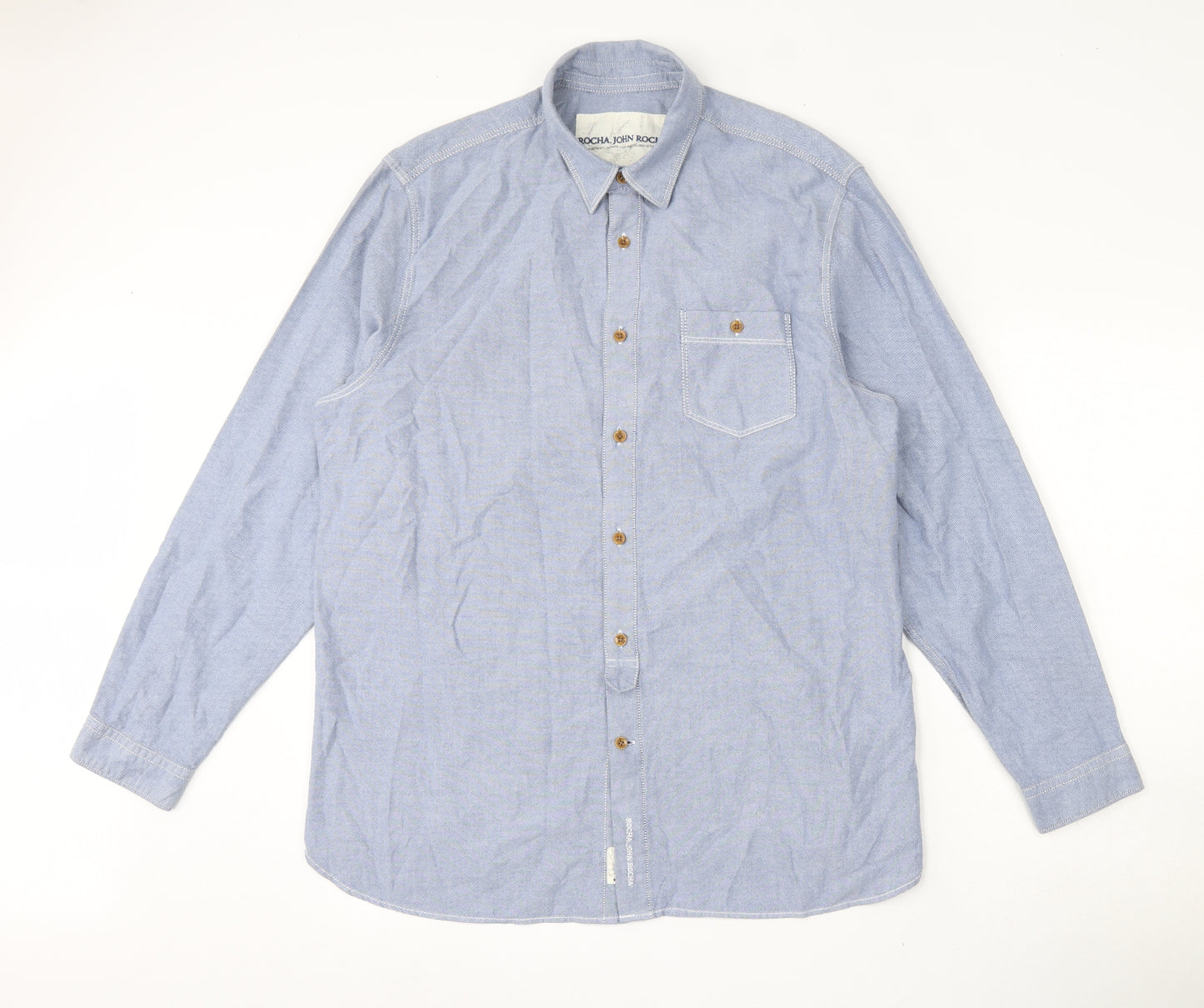 John Rocha Mens Blue  Cotton  Button-Up Size L Collared Button