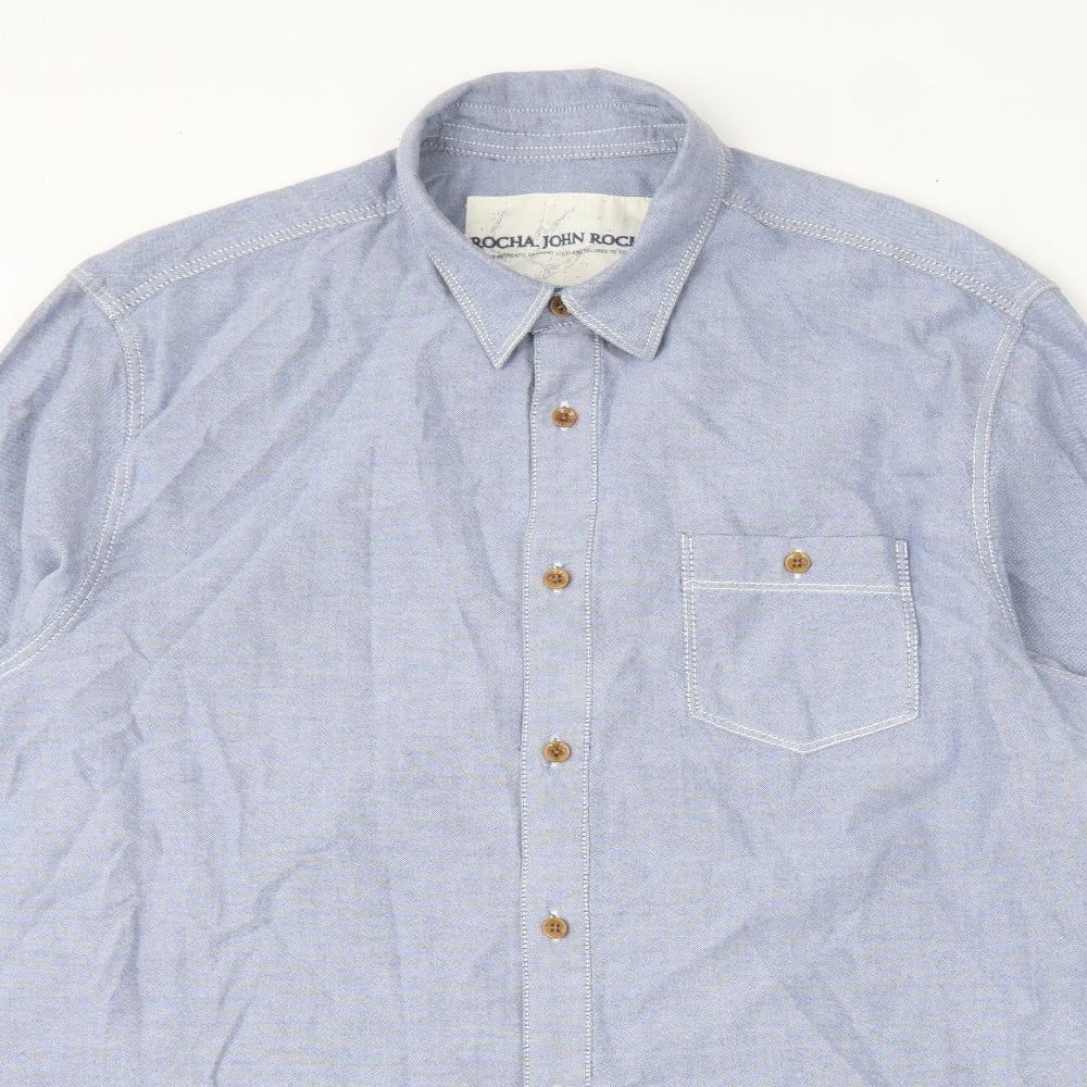 John Rocha Mens Blue  Cotton  Button-Up Size L Collared Button