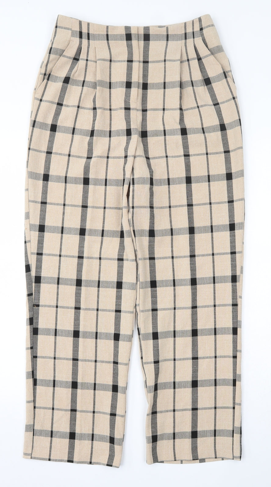 Primark Womens Beige Plaid Polyester Trousers  Size 8 L26 in  Hook & Eye