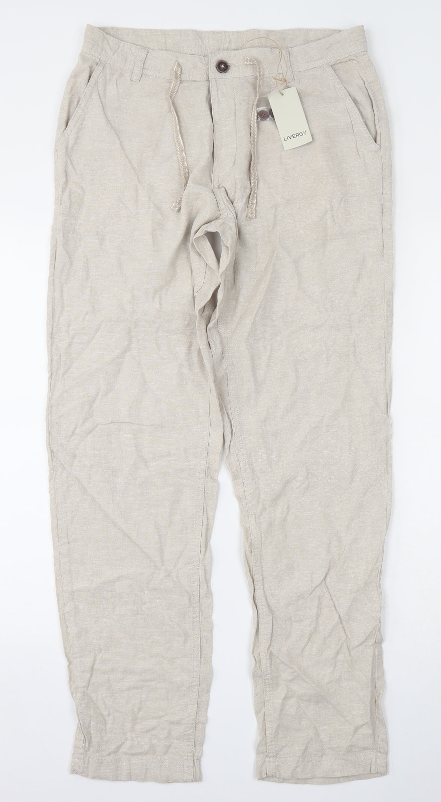 Livergy Mens Beige  Linen Trousers  Size 30 L32 in Regular Drawstring