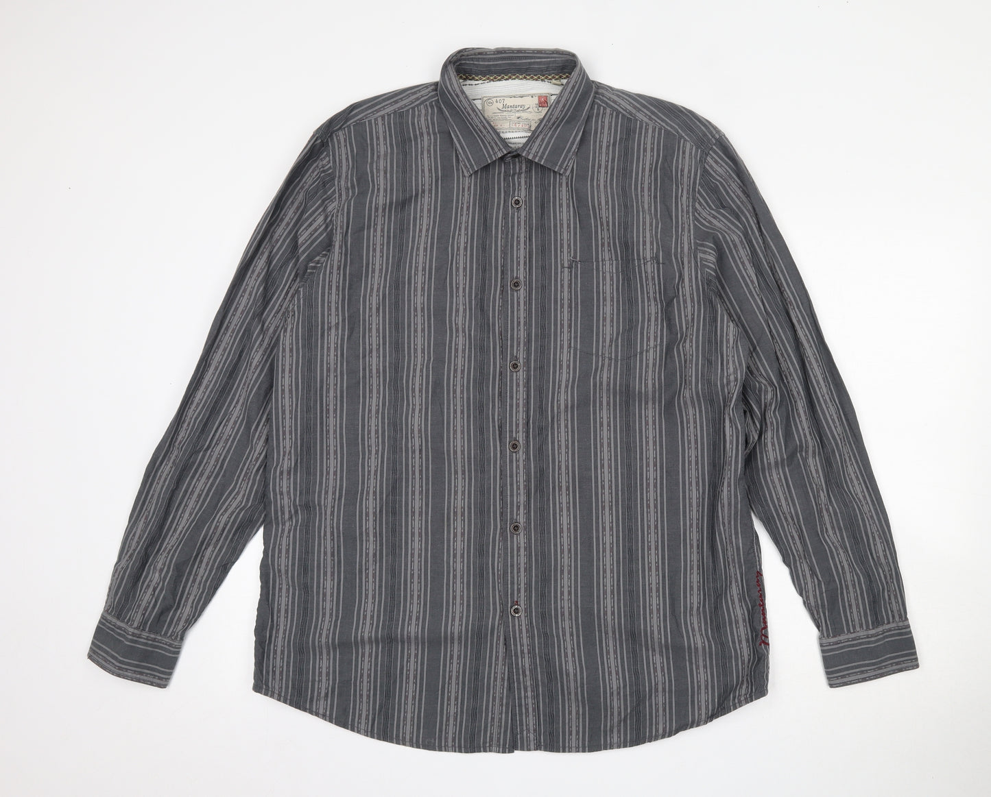 MANTARAY Mens Grey Striped Cotton  Button-Up Size L Collared Button