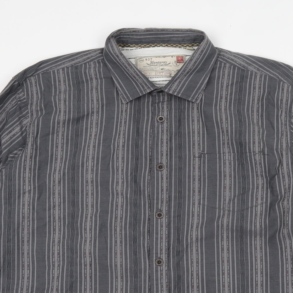 MANTARAY Mens Grey Striped Cotton  Button-Up Size L Collared Button