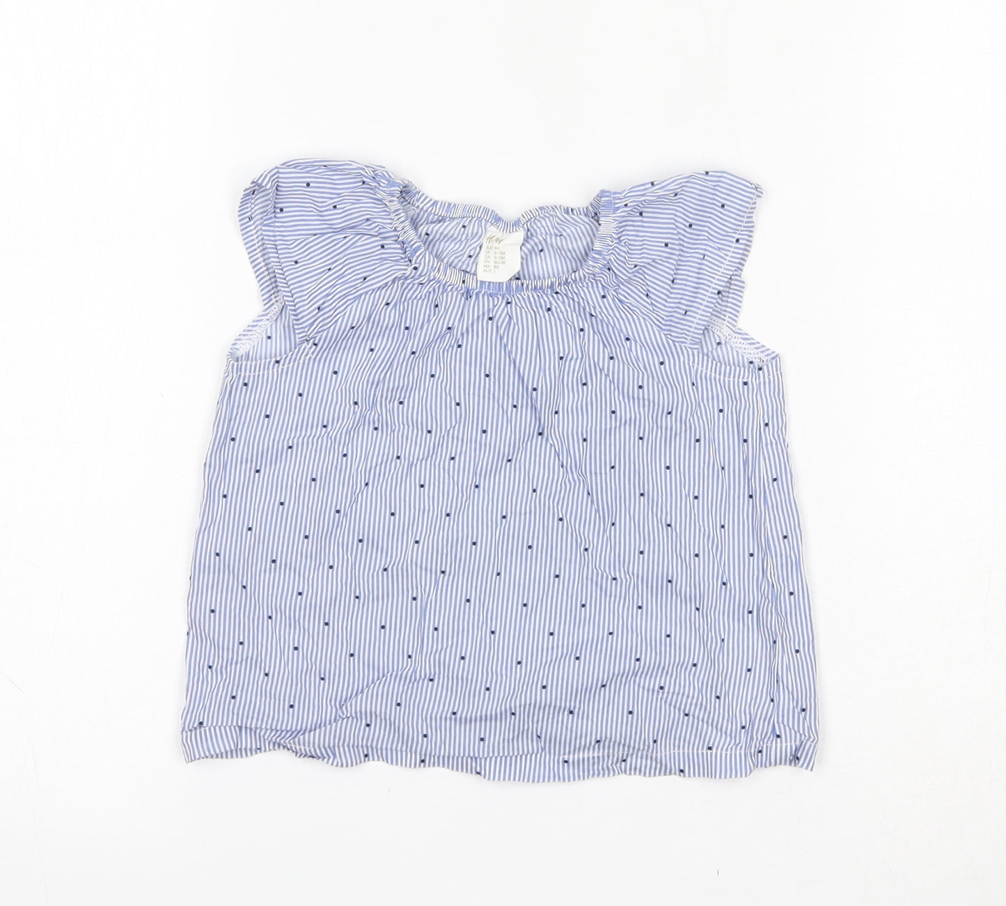H&M Girls Blue Striped 100% Cotton Basic Blouse Size 9-12 Months Scoop Neck
