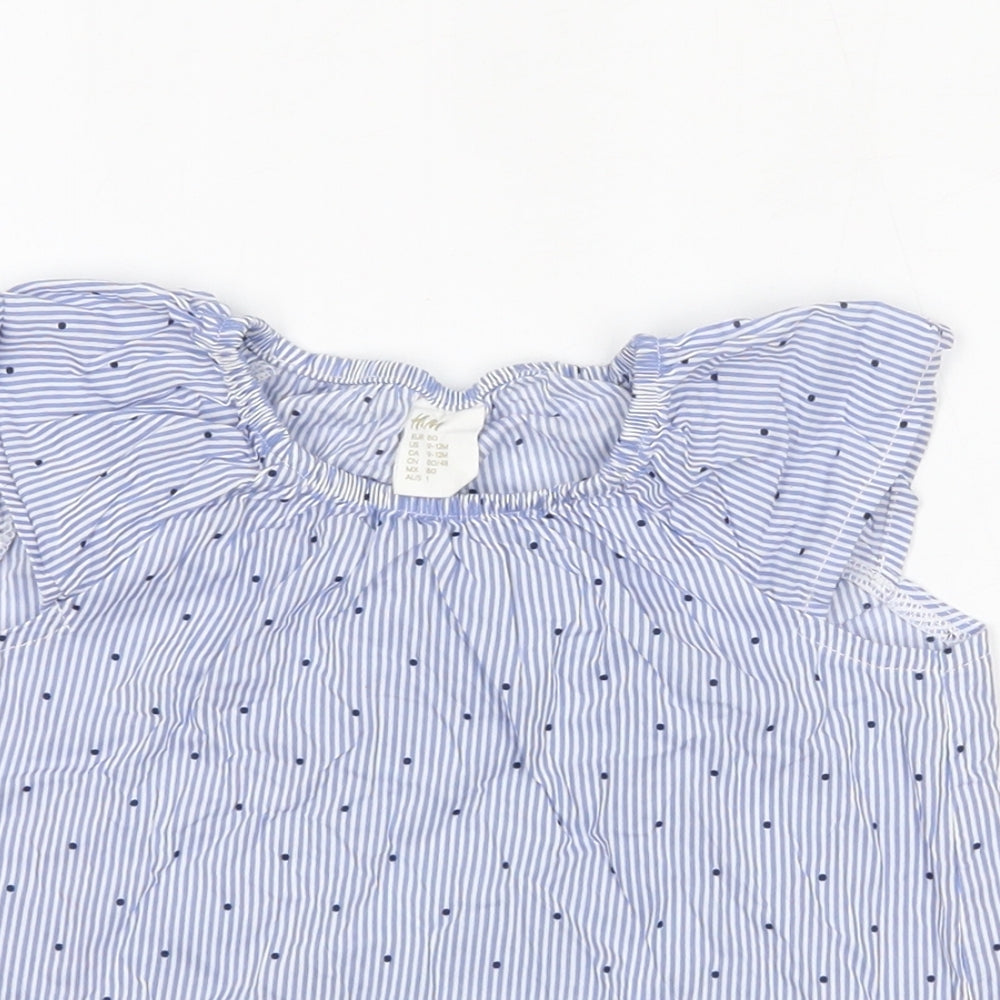 H&M Girls Blue Striped 100% Cotton Basic Blouse Size 9-12 Months Scoop Neck