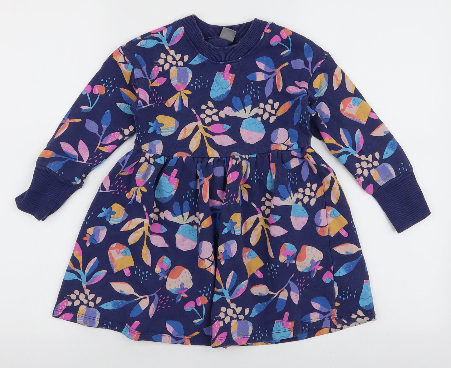 NEXT Girls Blue Floral Cotton Skater Dress  Size 4-5 Years  Round Neck Pullover