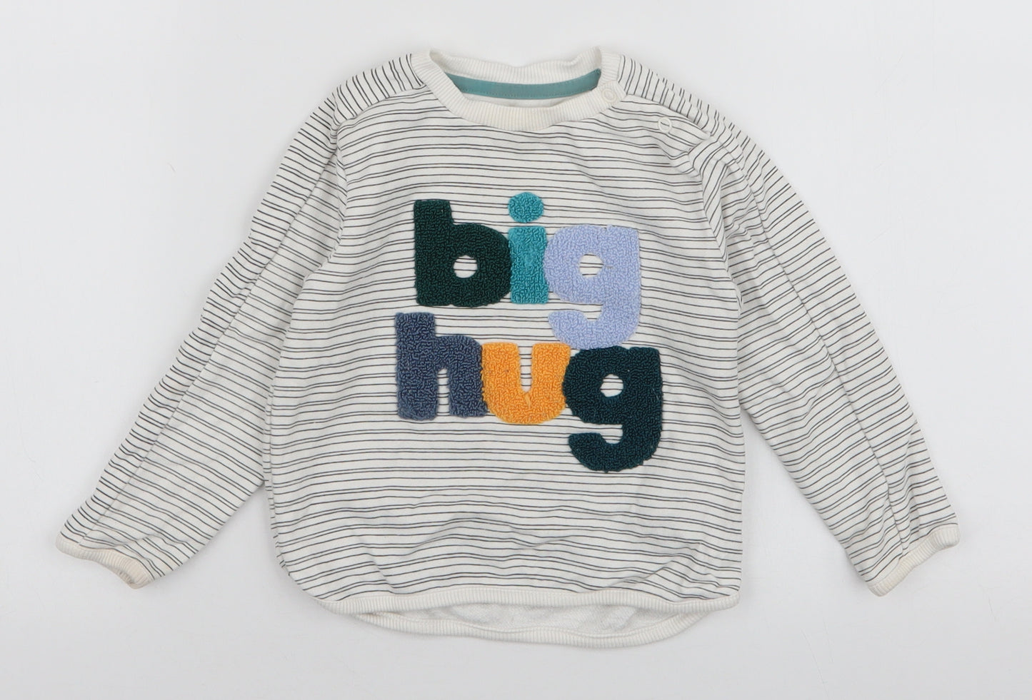 F&F Boys White Striped Cotton Pullover Jumper Size 12-18 Months  Snap - Big hug