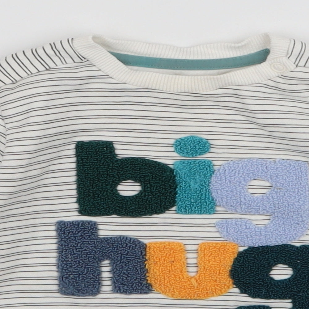 F&F Boys White Striped Cotton Pullover Jumper Size 12-18 Months  Snap - Big hug