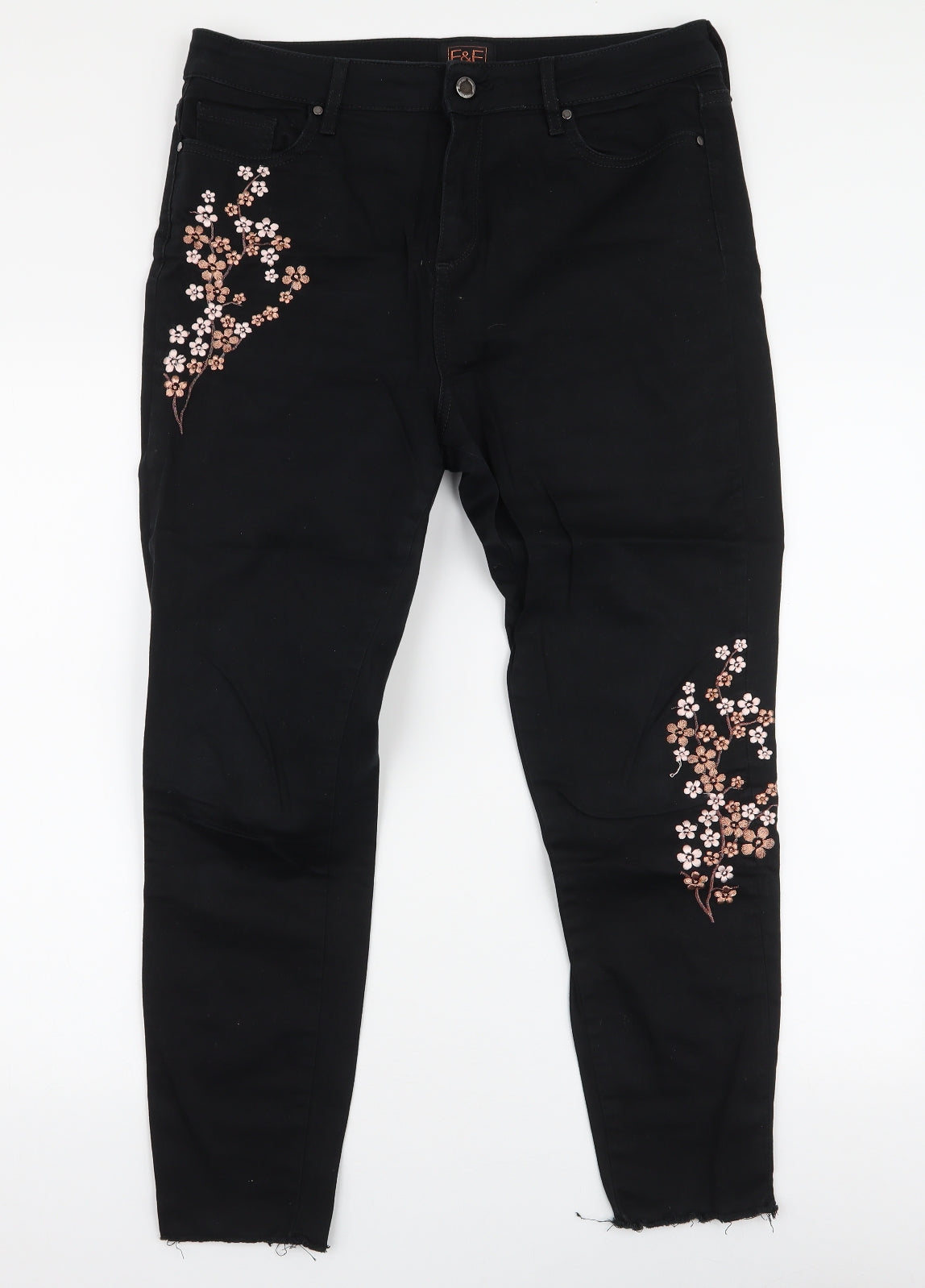 F&F Womens Black  Cotton Skinny Jeans Size 14 L27 in Slim Zip