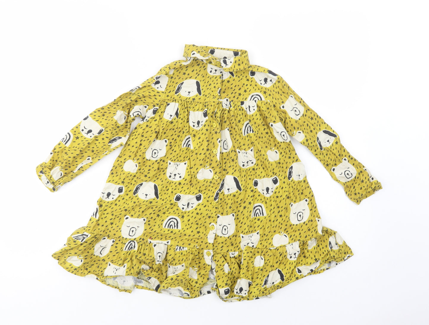 NEXT Girls Green Animal Print Cotton Shirt Dress  Size 5-6 Years  Collared Button - Cute Animals Print