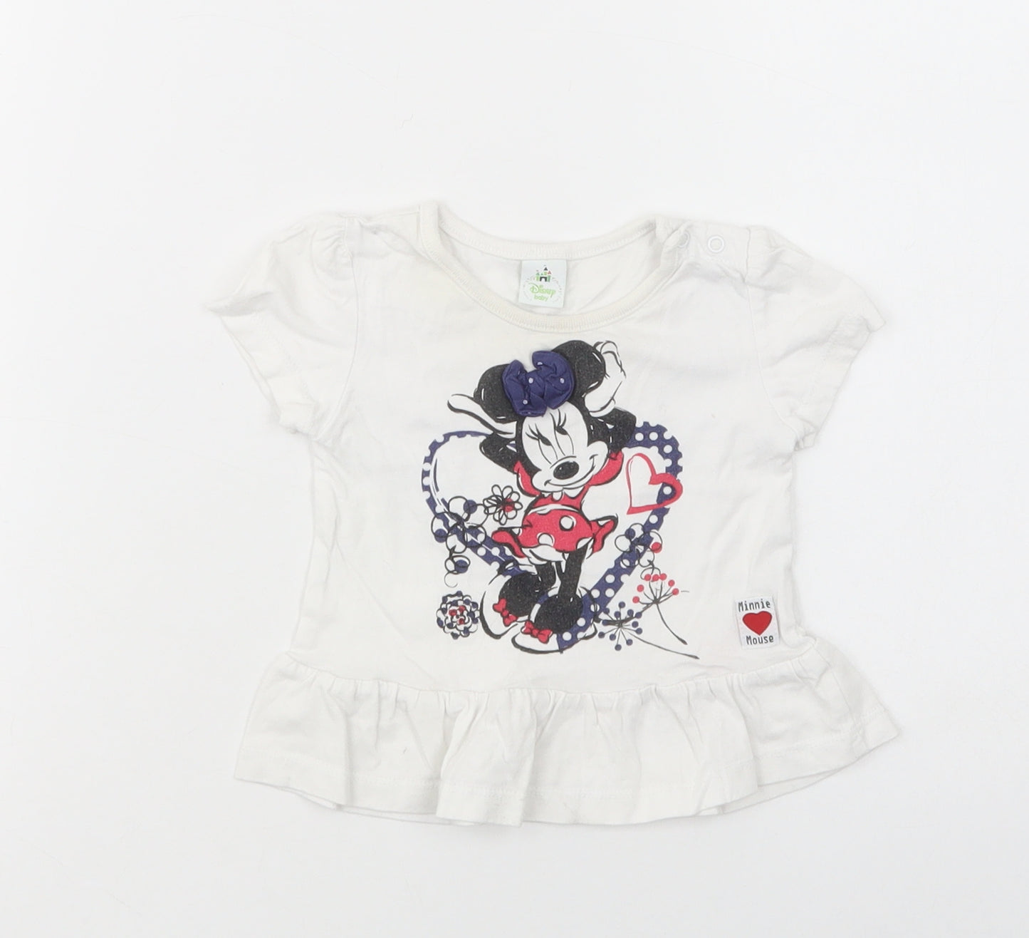 Primark Baby White  Cotton Basic T-Shirt Size 6-9 Months Crew Neck Snap - Minnie Mouse