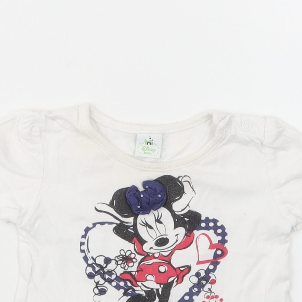 Primark Baby White  Cotton Basic T-Shirt Size 6-9 Months Crew Neck Snap - Minnie Mouse