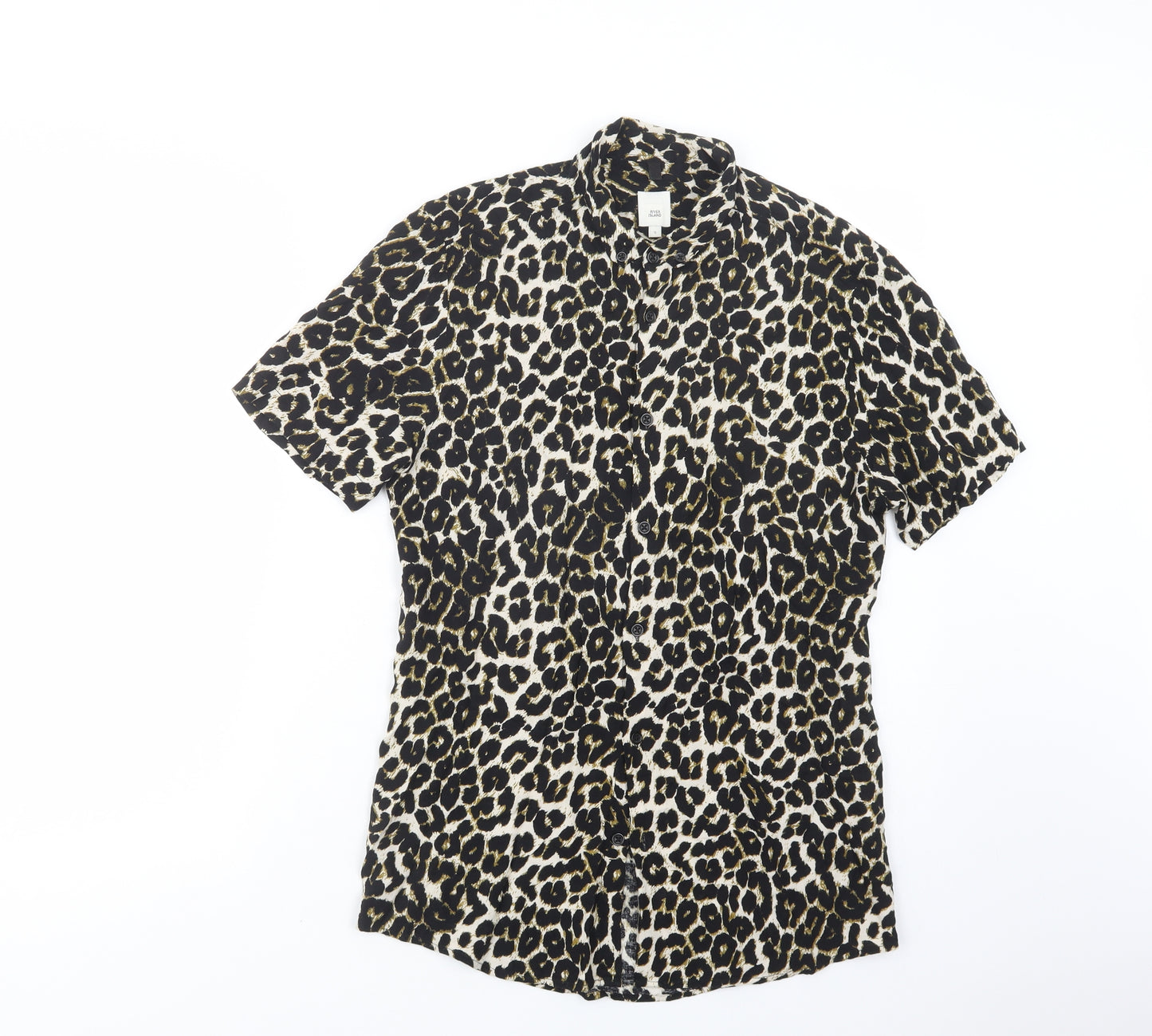 River Island Mens Black Animal Print Viscose  Button-Up Size S Collared Button
