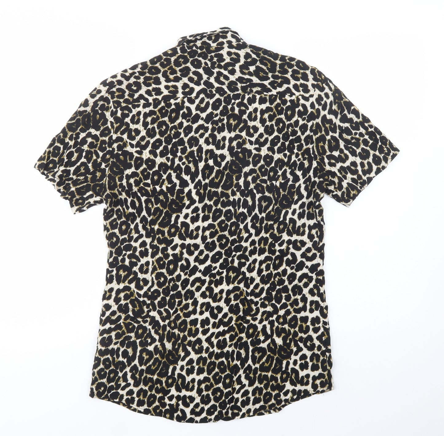 River Island Mens Black Animal Print Viscose  Button-Up Size S Collared Button
