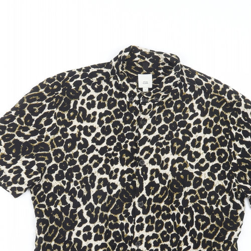 River Island Mens Black Animal Print Viscose  Button-Up Size S Collared Button