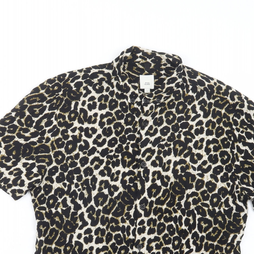 River Island Mens Black Animal Print Viscose  Button-Up Size S Collared Button