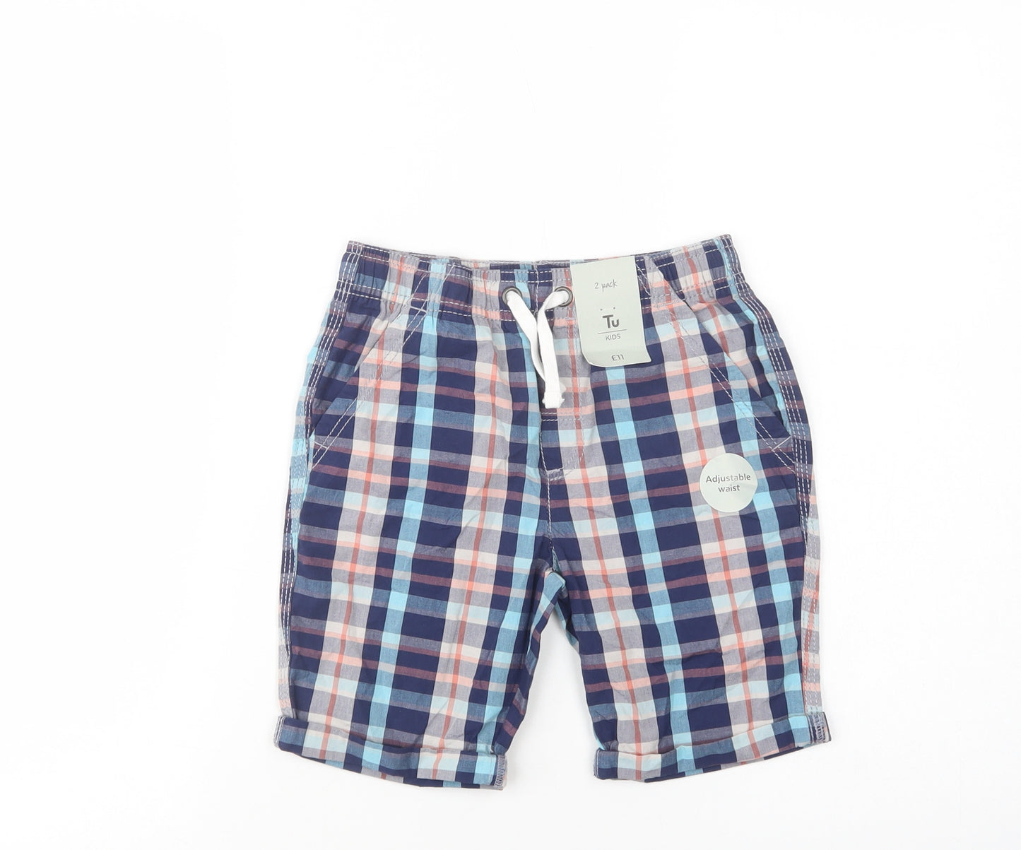 TU Boys Blue Plaid Cotton Chino Shorts Size 6 Years  Regular Drawstring