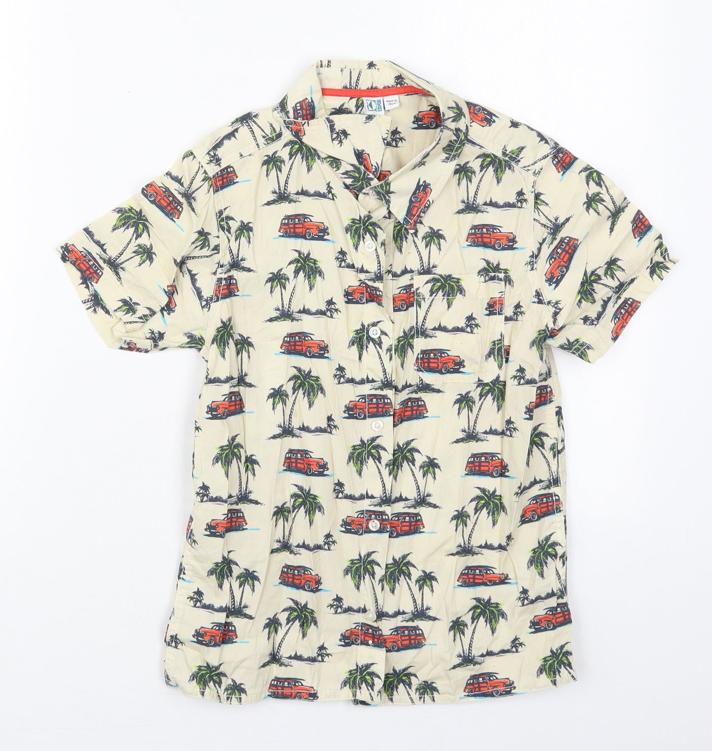 The Kids Division Boys Beige  Cotton Basic Button-Up Size 9-10 Years Collared Button - Trucks Palm Trees