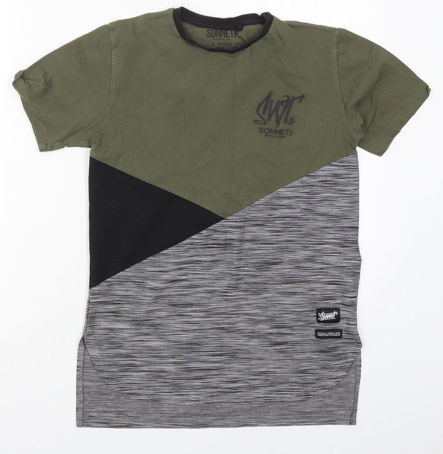 Sonneti Boys Green Colourblock Cotton Basic T-Shirt Size 12-13 Years Crew Neck Pullover